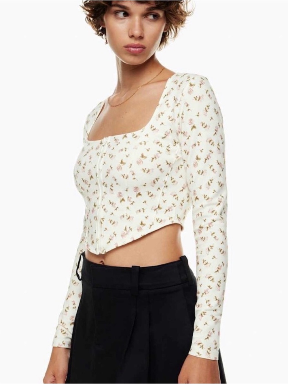 Aritzia Sunday Best Floral  Zip-Front Cropped Top - White with Pink Roses